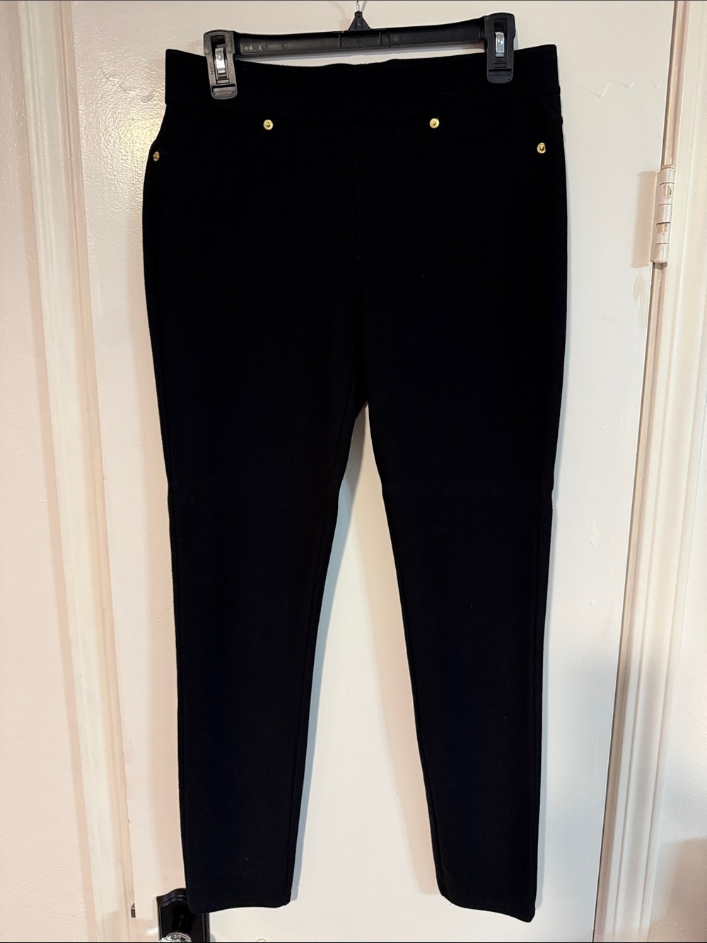 Michael Kors Black Slim Ponte Pull-On Pants with Gold Accent Studs
